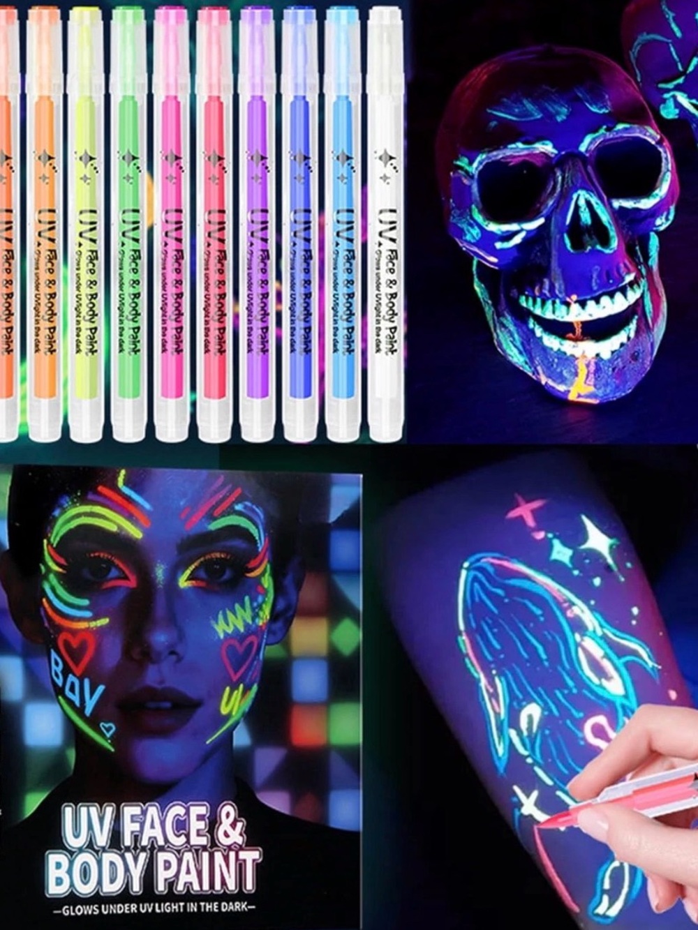 12 Colors UV Neon Glow Face & Body Paint Markers ,Glow in the Dark Body Paint